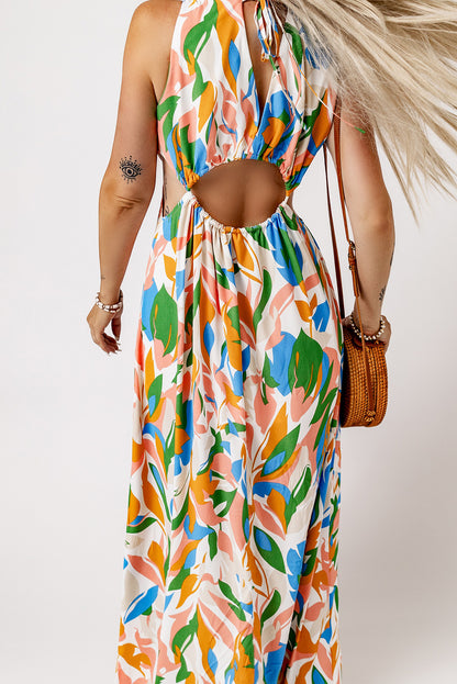 Printed Cutout Tied Plunge Maxi Dress with Split