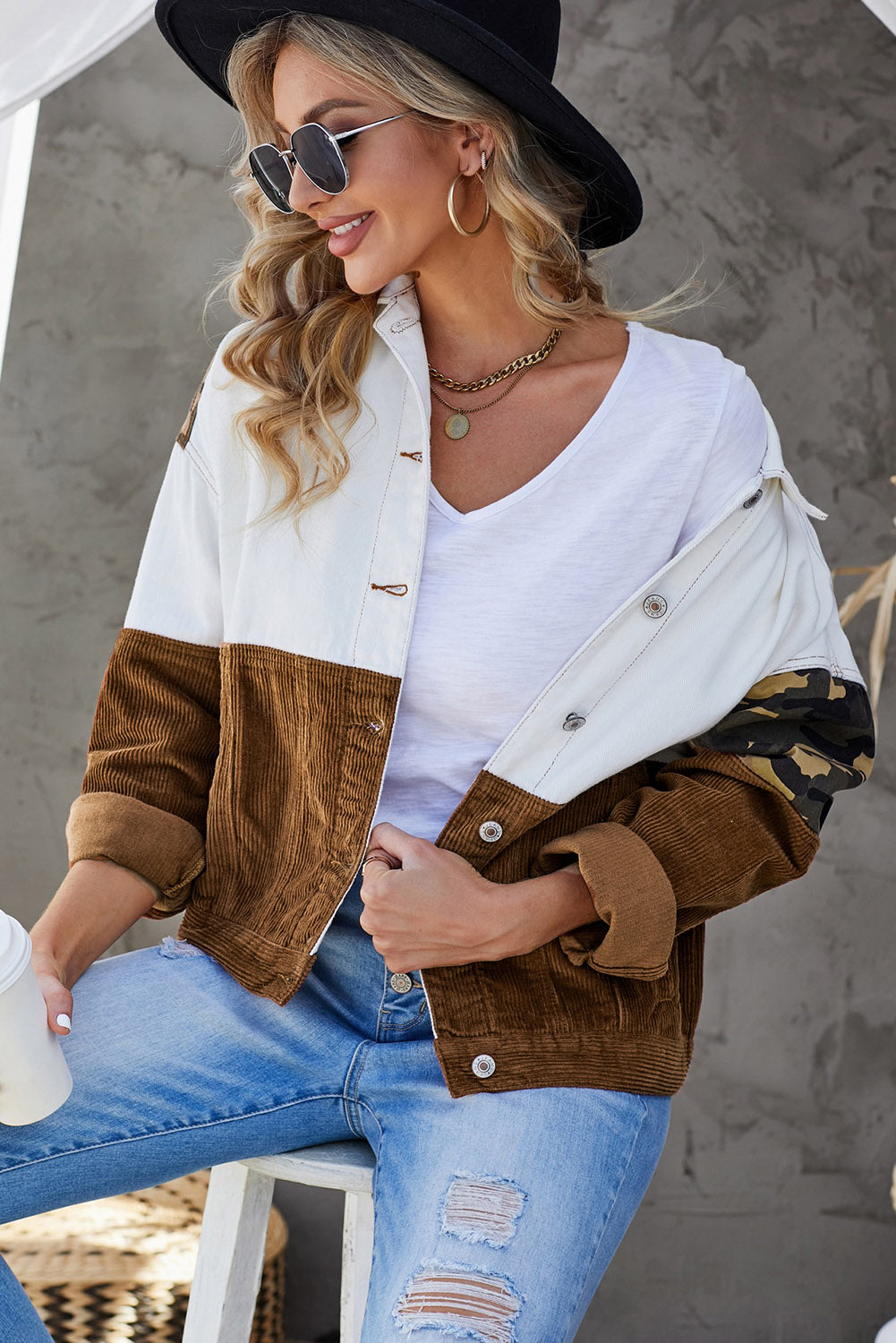 Leopard Colour Block Button-Up Corduroy Shacket