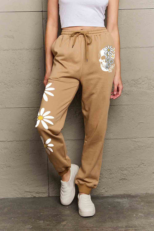 Full Size Drawstring Flower & Skull Graphic Long Sweatpants