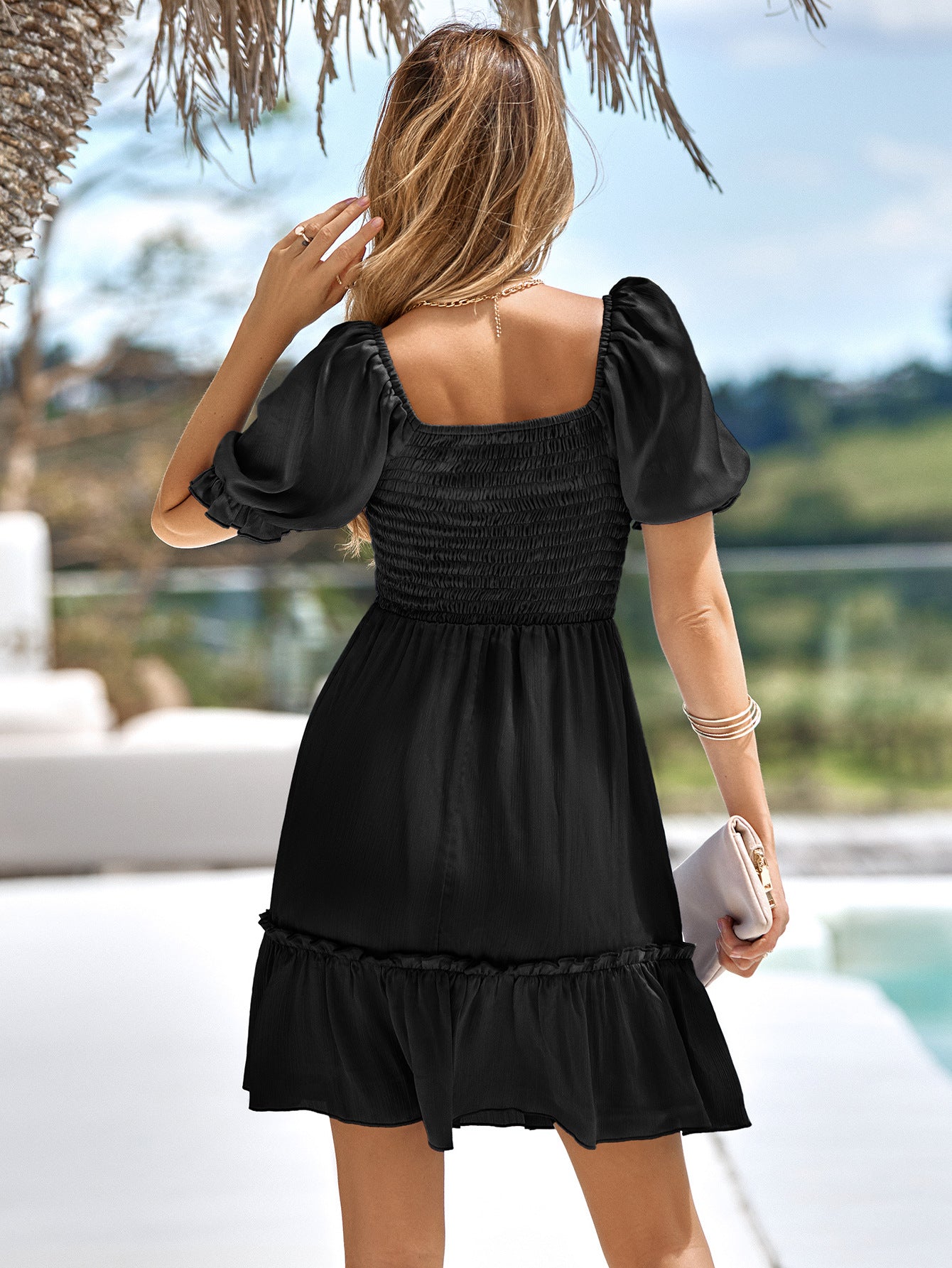 Smocked Square Neck Frill Trim Dress