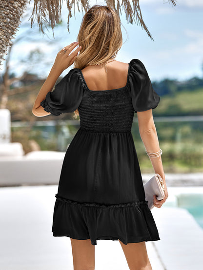 Smocked Square Neck Frill Trim Dress