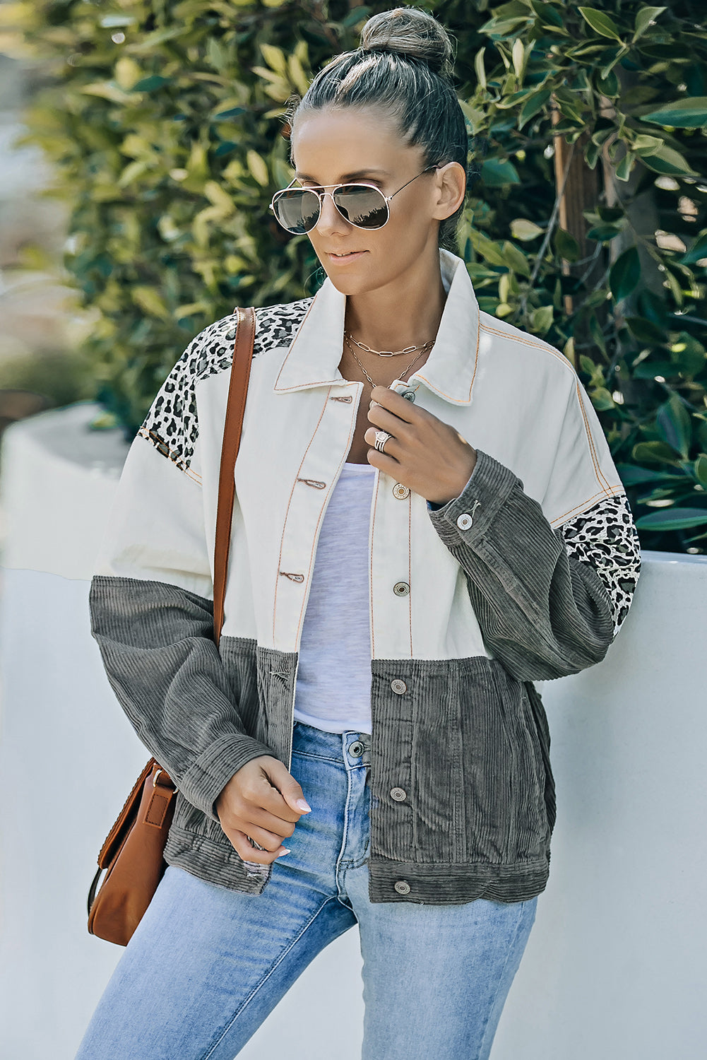 Leopard Colour Block Button-Up Corduroy Shacket
