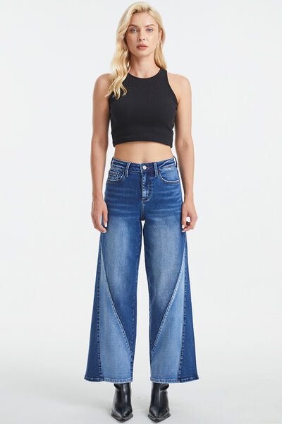 Full Size High Waist Two-Tones Patched Wide Leg Jeans