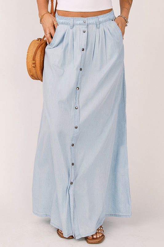 Button Front Denim Skirt with Pockets