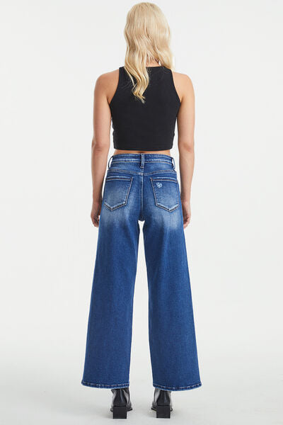 Full Size High Waist Two-Tones Patched Wide Leg Jeans