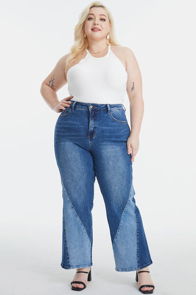 Full Size High Waist Two-Tones Patched Wide Leg Jeans
