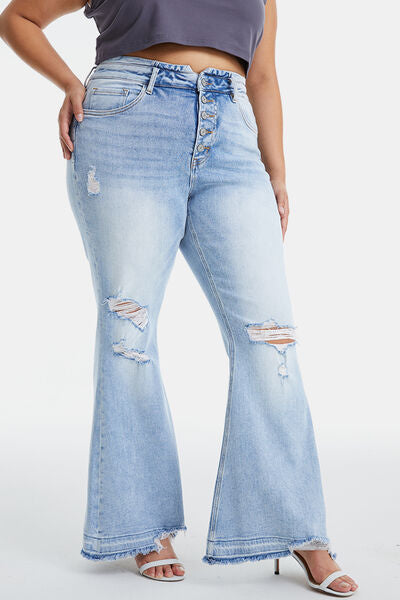 Full Size Distressed Raw Hem High Waist Flare Jeans