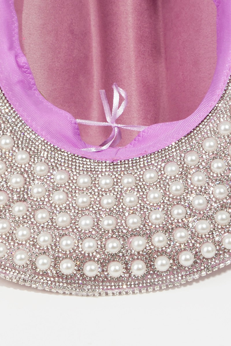 Pave Rhinestone Pearl Trim Cowboy Hat
