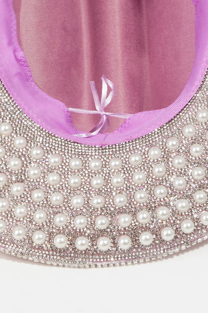 Pave Rhinestone Pearl Trim Cowboy Hat