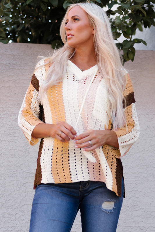 Colour Block Openwork Hooded Sweater