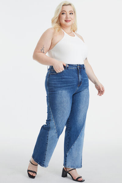 Full Size High Waist Two-Tones Patched Wide Leg Jeans