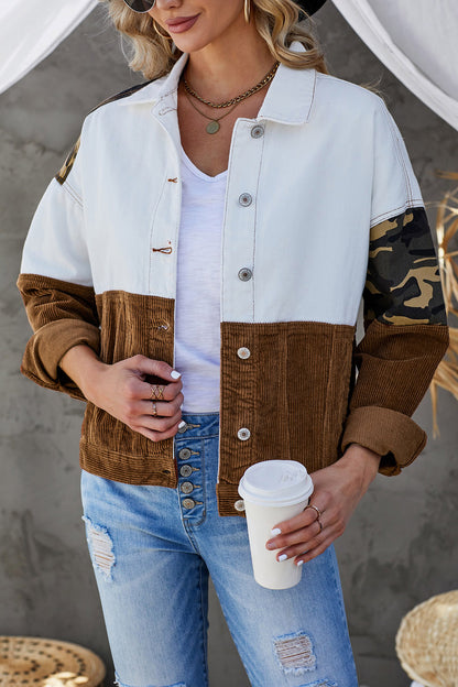 Leopard Colour Block Button-Up Corduroy Shacket