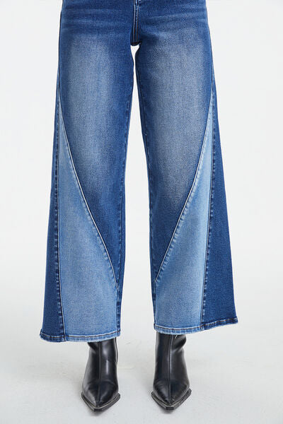 Full Size High Waist Two-Tones Patched Wide Leg Jeans