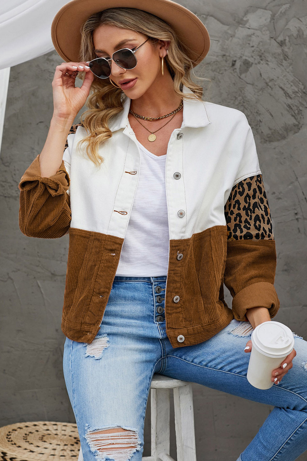 Leopard Colour Block Button-Up Corduroy Shacket