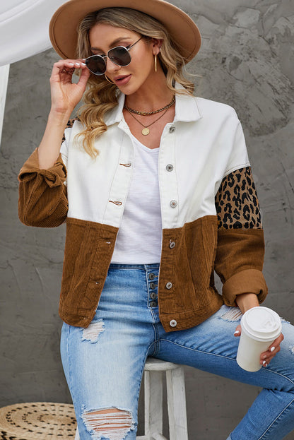 Leopard Colour Block Button-Up Corduroy Shacket
