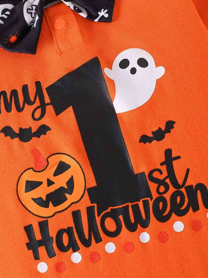Halloween Printed Bow Front Collared Neck Bodysuit and Pants Set
