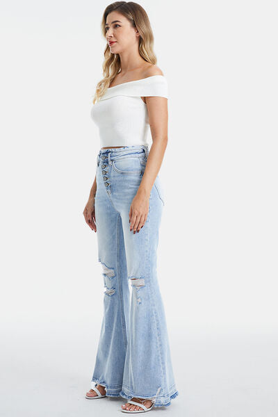 Full Size Distressed Raw Hem High Waist Flare Jeans