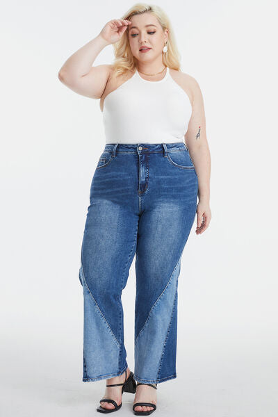 Full Size High Waist Two-Tones Patched Wide Leg Jeans