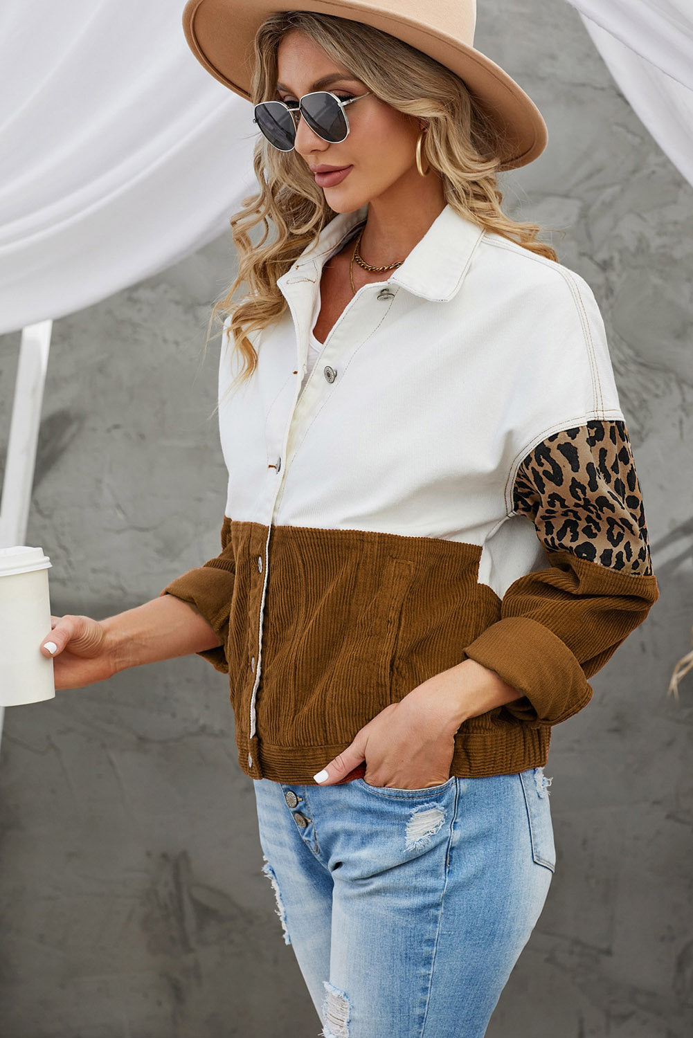 Leopard Colour Block Button-Up Corduroy Shacket