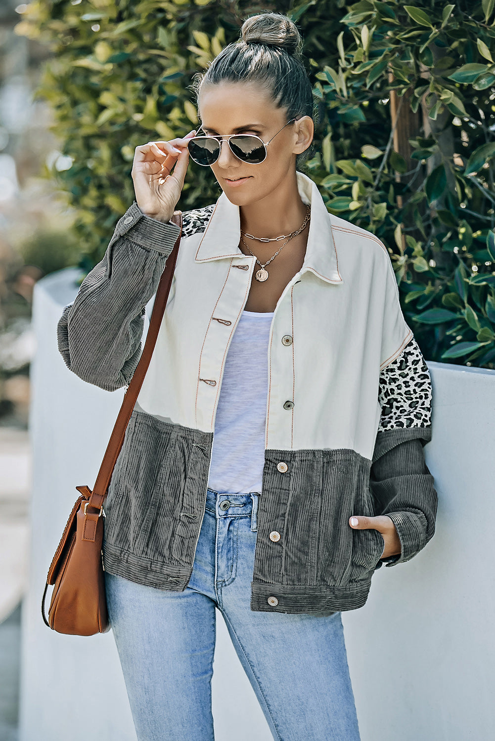 Leopard Colour Block Button-Up Corduroy Shacket