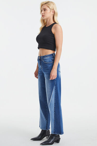Full Size High Waist Two-Tones Patched Wide Leg Jeans