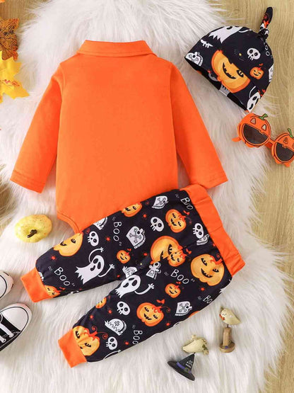 Halloween Printed Bow Front Collared Neck Bodysuit and Pants Set