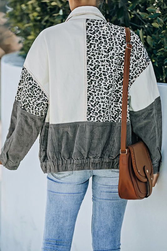 Leopard Colour Block Button-Up Corduroy Shacket