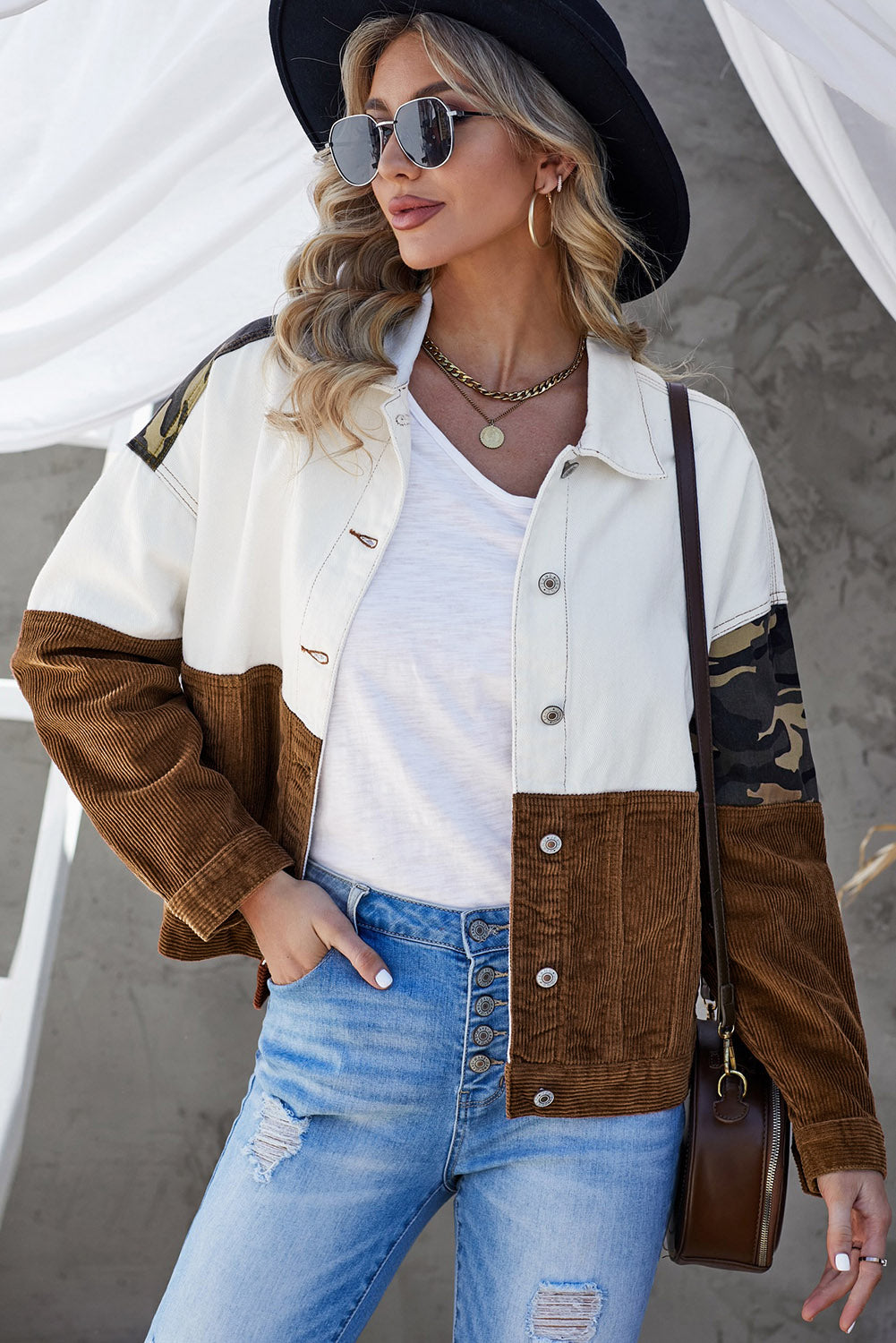 Leopard Colour Block Button-Up Corduroy Shacket