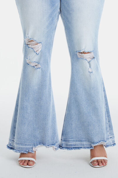 Full Size Distressed Raw Hem High Waist Flare Jeans