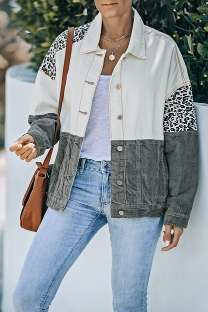 Leopard Colour Block Button-Up Corduroy Shacket