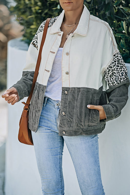 Leopard Colour Block Button-Up Corduroy Shacket