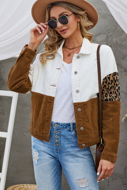 Leopard Colour Block Button-Up Corduroy Shacket