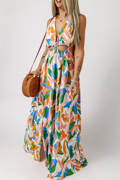 Printed Cutout Tied Plunge Maxi Dress with Split