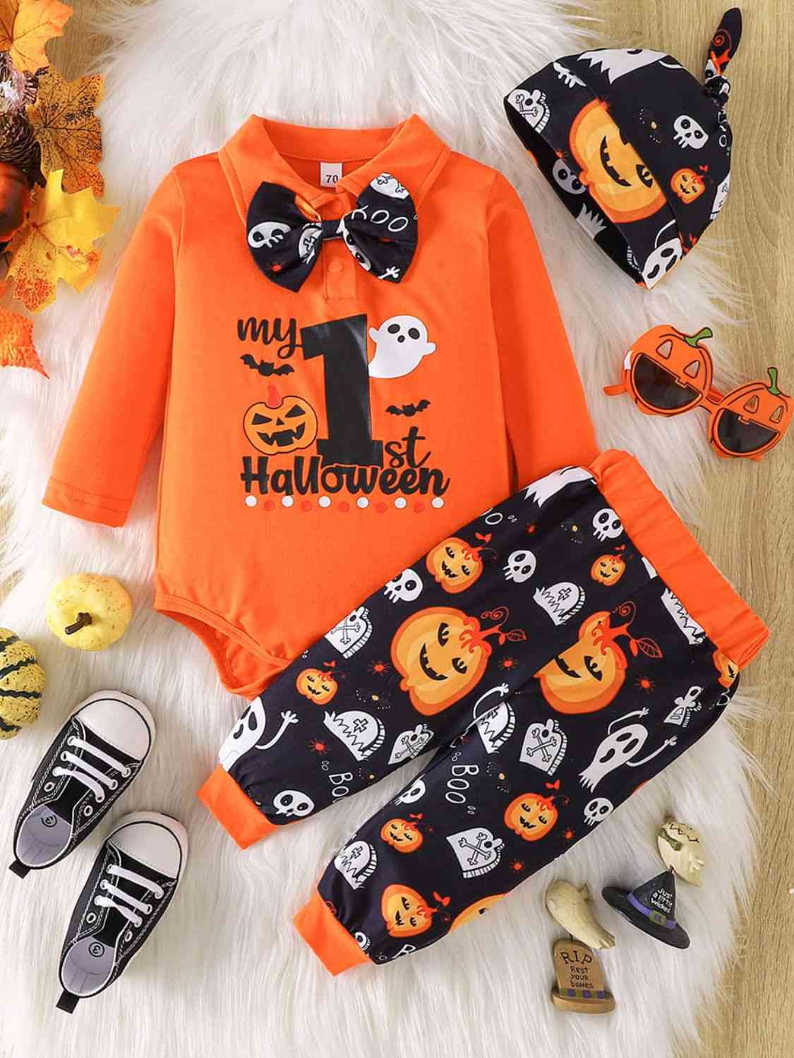 Halloween Printed Bow Front Collared Neck Bodysuit and Pants Set